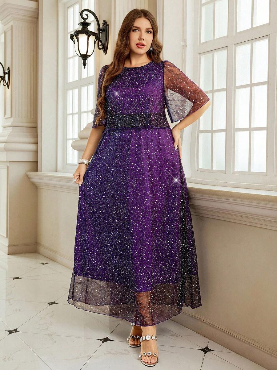 Gownix Vestido suelto de mujer de talla grande con cuello redondo, manga corta, plisado, lentejuelas y lámina de color púrpura, elegante y de moda para fiestas - Morado - Ver 1