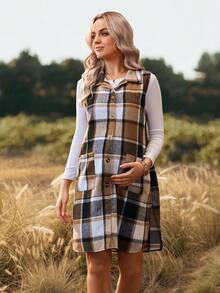 SHEIN Áo khoác len kẻ caro không tay cài nút phía trước cho bà bầu - Nhiều màu - Xem 4