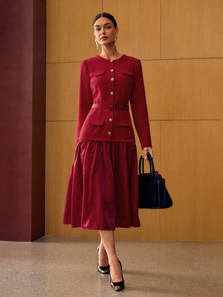 TWEED BELTED BUTTON UP DRESS