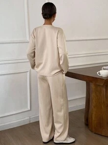 DAZY Women's Casual Solid Color Round Neck Top And 3/4 Pants 2 Pieces Set, Autumn,Fall Women Clothes Tracksuits Women Set Lounge Sets For Women - Apricot - View 2