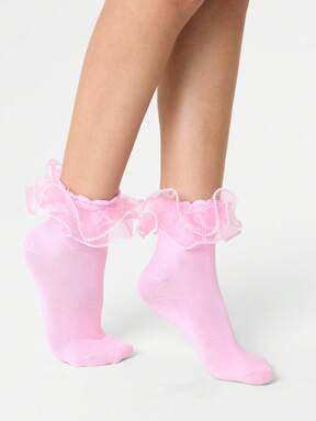Kawaii 1 Pair Women's Pink Pearl Lace Trim Reversible Mid-Calf Socks, Suitable For All Seasons