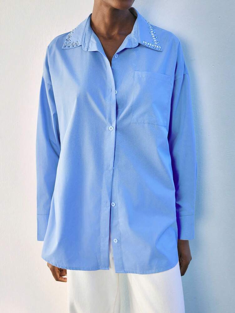SHEIN Maija Women's Fashion Commuter Crystal Decorated Long Sleeve Blouse Blue Shirt Women Women Blue Shirt Baby Blue Shirt