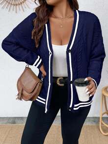 EURMUSE Plus Size Casual Colorblock Trim Cardigan, Autumn/Winter - Navy Blue - View 1