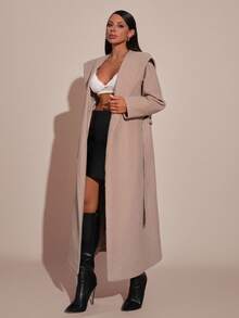 EURMUSE 女式休闲纯色长款大衣（配腰带） - 米色 - 查看 3