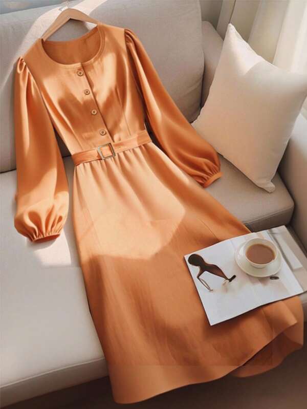 Franclia Halloween Costumes Round Neck Lantern Sleeve Cinched Waist Belt Fall Solid Color Dresses For Women, Teacher Outfits For Women, Business Professional Women