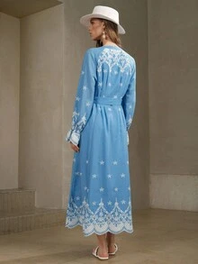 Arave Women's Floral Contrast Embroidery V-Neck Tie Waist Design Elegant Dating Autumn Long Dress Dresses For Women Elegant Fall Dresses For Women Wedding Guest Dress Women Teacher Outfits For Women Fall Clothes For Women - Blue - View 4