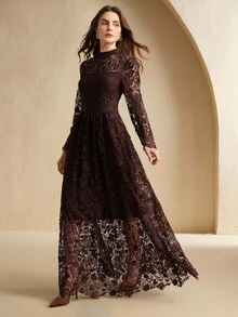Anewsta 女士秋季立领长袖蕾丝优雅连衣裙，适合派对、婚礼 - 咖啡棕 - 查看 5