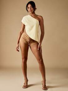 MISSGUIDED 单肩短款上衣晚会俱乐部优雅现代设计时尚女性简约不对称休闲现代夏季 - 杏色 - 查看 3