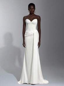 Elitara Elegant Lace Patchwork Satin Bustier With Sheer Bust, Ruched Waist, Cascading Ruffles And Fishtail Hem, Suitable For Vacation, Date, Birthday Party, Wedding, Graduation, Formal Gala, Valentine's Day - White - View 1