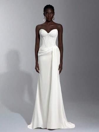 Elitara Elegante bustier de satén con parches de encaje, busto transparente, cintura fruncida, volantes en cascada y bajo de cola de pez, adecuado para vacaciones, citas, fiestas de cumpleaños, bodas, graduaciones, galas formales, Día de San Valentín