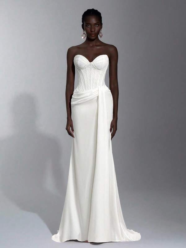 Elitara Elegante bustier de satén con parches de encaje, busto transparente, cintura fruncida, volantes en cascada y bajo de cola de pez, adecuado para vacaciones, citas, fiestas de cumpleaños, bodas, graduaciones, galas formales, Día de San Valentín