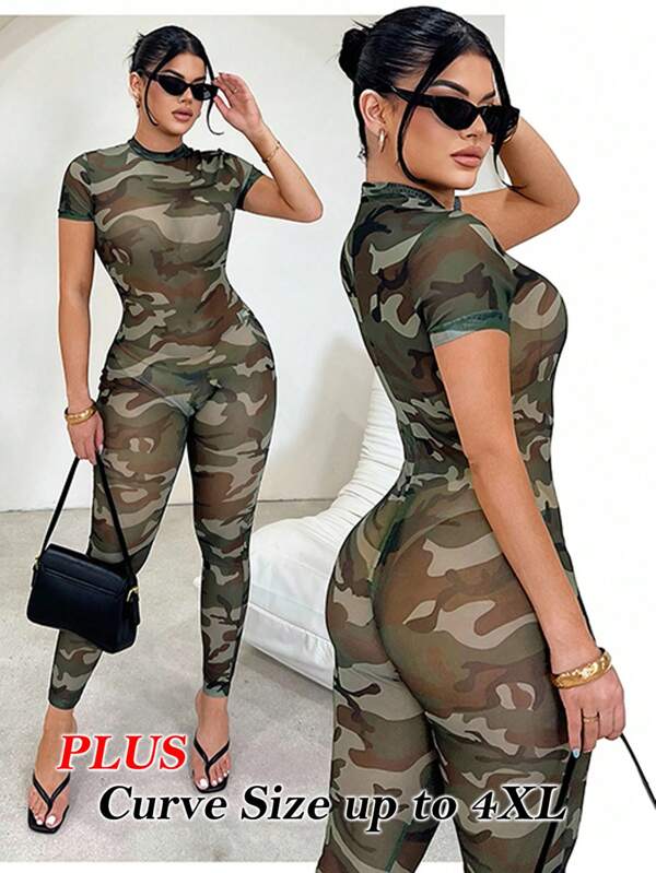SHEIN SXY Plus Size Women's Sexy Casual Camouflage Pattern Tight Mesh Sheer Short Sleeve Jumpsuit, Suitable For Birthday, Formal Event