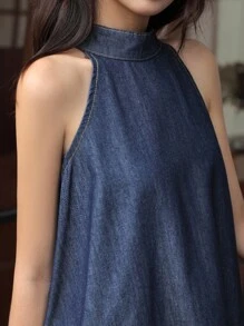 SHEIN Unity 女式蓝色假日休闲夏季牛仔连衣裙，宽松挂脖无袖牛仔 A 字裙 - 藍色 - 查看 6