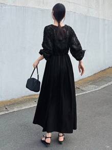 FRIFUL 女士提花V领灯笼袖优雅连衣裙长袖连衣裙 - 黑色 - 查看 2