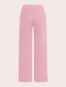 SHEIN EZwear 2 件黑色和粉色女士休闲高腰折叠阔腿直筒裤，适合夏季 - 彩色 - 查看 4