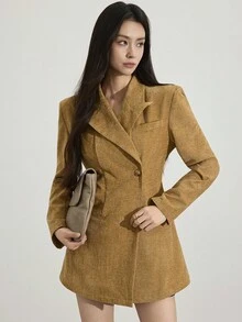 Heiryn 秋冬女士通勤腰部收紧修身毛绒超大西装外套 - 黃色 - 查看 4