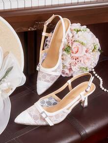 CUCCOO HITCHD 女士粉色蕾丝尖头露背珍珠蝴蝶结网眼高跟鞋 - 白色 - 查看 2