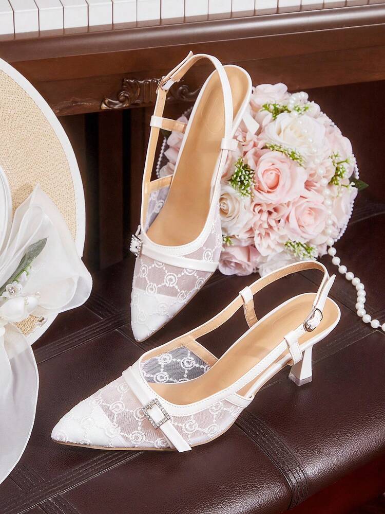 CUCCOO HITCHD Women's Pink Lace Pointed Toe Backless Pearl Bow Net Mesh High Heel Shoes