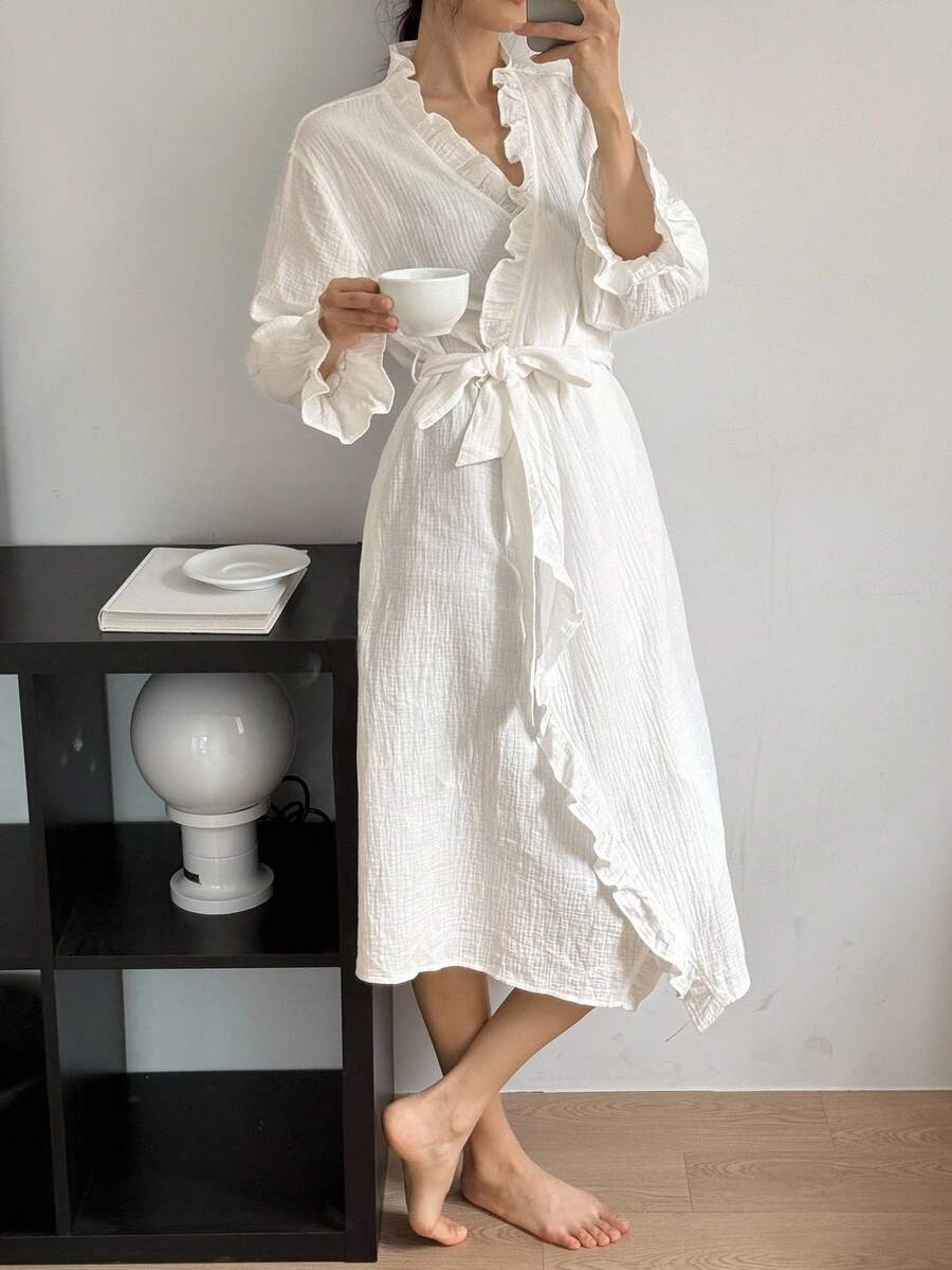 DAZY Romantic Ruffled Hem Long Wrap Around Women Sleepwear Robe, For Fall & Winter Pajama, Cozy Outfit - White - View 1