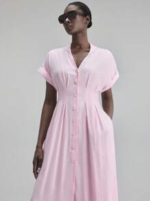 Ontre Women's Solid V-Neck Bat Sleeve Pleated Single-Breasted Casual Long Dress, Suitable For Beach Holiday, Island Resort, Bohemian Music Festival, Halloween, Christmas Party, Elegant Business Casual Dress - Pink - View 6