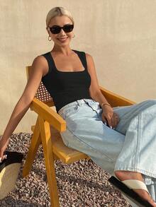 DAZY Women's Square Neck Fitted Ribbed Camisole Top, Summer - Black - View 5