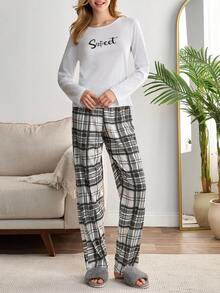 EURMUSE Conjunto de pijama de algodão PLUS CURVE com 2 peças, camisa de manga comprida com letras e calças de dormir xadrez, roupa de dormir para casa