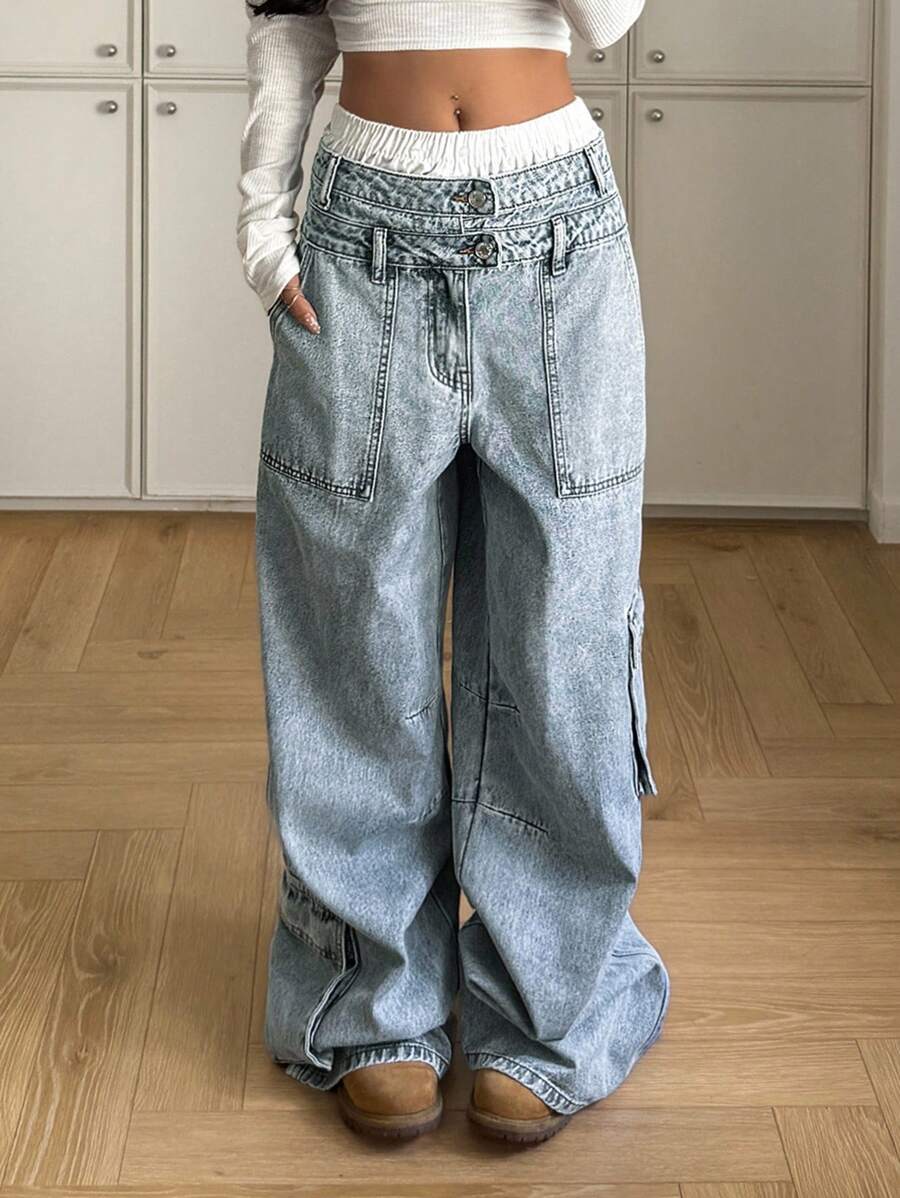 SHEIN Tall Women's Casual Versatile Patchwork Double Waistband Cargo Jeans