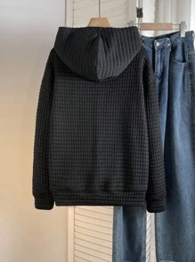 SHEIN Teen Boy Casual Loose Comfortable Versatile Knit Trim Decorative Button Placket Sweatshirt, Suitable For Autumn, Winter, Outings, Sports Fall - Black - View 2