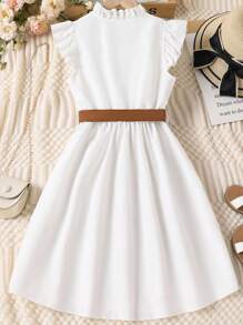 Tween Girl Frill Neck Ruffle Trim Belted Dress - White - View 5