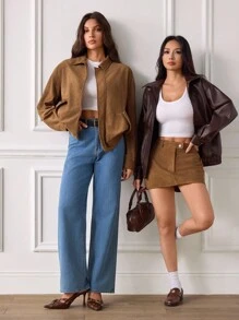 SHEIN Tall 秋冬休闲时尚百搭拉链长袖女士夹克棕色夹克绒面革夹克 - 棕色 - 查看 9