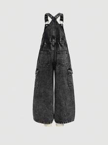 SHEIN Young Girl' Black Denim Bib Pants,Casual And Fashionable Vacation Outfits,Winter Clothes,Fall Clothes,Street Wear ,Denim Overall - Black - View 6