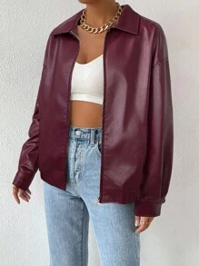 SHEIN EZwear Chaqueta de cuero corta con cremallera y hombros caídos para otoño/invierno - Rosa Roja - Ver 6