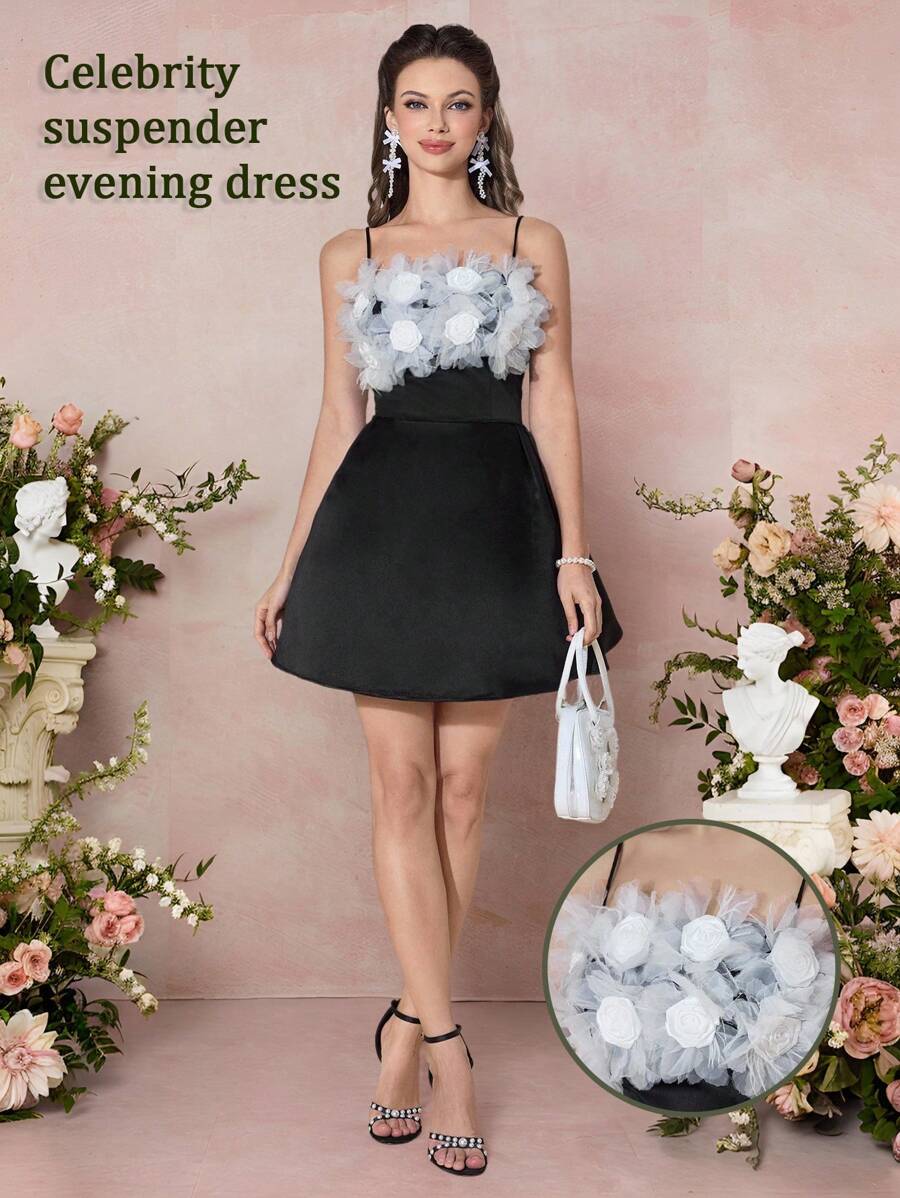 Poshira 女士黑色花朵缀饰露肩 A 字短款鸡尾酒会礼服 - 黑色 - 查看 1