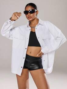 Jeanoix Women's Drop Shoulder Long Sleeve Single-Breasted Casual Loose Denim Jacket - White - View 8