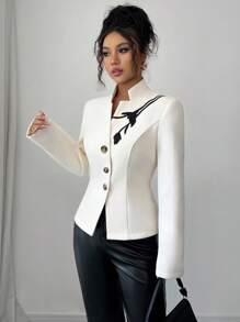 Selianne Women's Black And White Autumn/Winter Fitted Stand Collar Long Sleeve Embroidered Double-Sided Overcoat,Elegant Office Fashion For Commuting Casual - Apricot - View 4