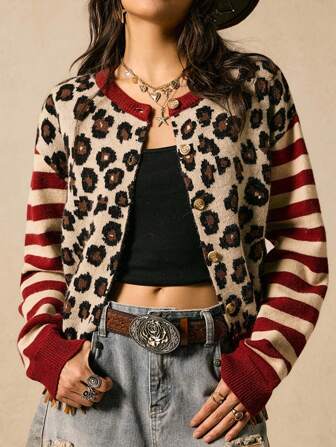 Easelle Round Neck Drop Shoulder Patterned Cardigan In Knitwear With Wrist-Length Sleeves And Bold Style Leopard Print Cardigan Women Crop Cardigan Women Striped Cardigan Women Animal Print Cardigan Women Cropped Cardigan Sweater,Fall Clothes For Women