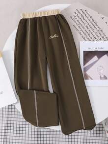 SHEIN 青少年女孩撞色松紧腰直筒宽松休闲裤 - 棕色 - 查看 2