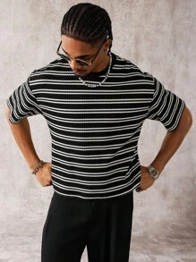 PAVTROS Manfinity Streetrush Men's Striped Print Round Neck Short Sleeve Casual Loose T-Shirt, Summer