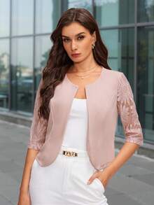 SHEIN Clasi 女士优雅圆领七分袖粉色蕾丝拼接夹克秋季女装 - 粉色 - 查看 3