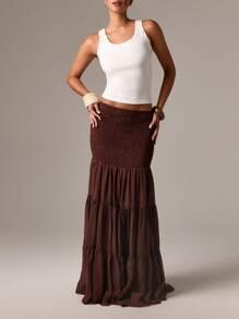 AiiRZ Bohemian Tiered Ruffle Maxi Skirt Smocked Waist Floor Length Festival Beach Holiday Boho Long Flowy Summer Occasion Casual Skirt - Brown - View 5