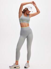 Eassivo Eassivo 女式条纹短款背心和紧身裤运动套装 - 灰色 - 查看 7