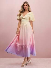 Enchnt 女士优雅渐变泡泡袖连衣裙，夏季 - 粉色 - 查看 3