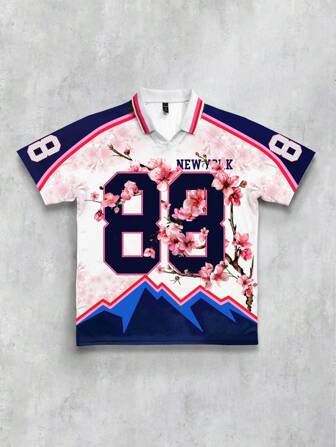 Prep Herren Lässig bedrucktes T-Shirt mit Kentkragen und Kurzarm, Poloshirt