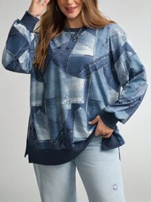Comfylo Plus Size Casual Denim Effect Print Side Slit Sweatshirt, Fall Winter Autumn Long Sleeve Tops Going Out Tops For Women - Blue - View 1