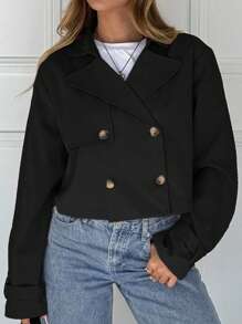 SHEIN EZwear Áo khoác gió ngắn dệt màu đen thường ngày cho nữ vào mùa thu/đông - màu đen - Xem 4