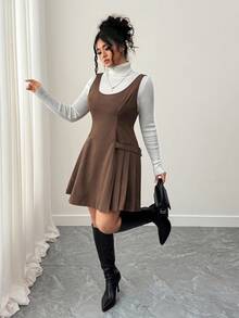 Elenzga Plus Size Women's New Autumn/Winter Fashionable U-Neck Fitted Romantic A-Line Mini Dress - Brown - View 7