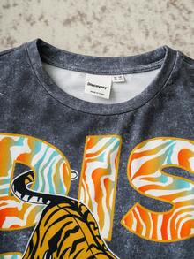 Discovery X SHEIN 青少年男童休闲老虎图案圆领短袖宽松T恤，夏季