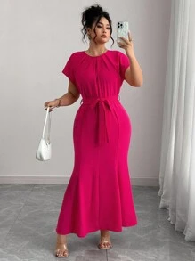 Elenzga Plus Size Women's Elegant Solid Color Belted Fitted Mermaid Dress Women Elegant Dress Dress With Belt Solid Color Dress Summer Elegant Dress Short Sleeve Maxi Dress