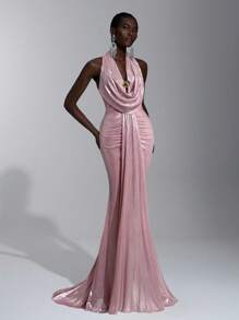 Elitara 优雅、浪漫、性感、极简、有弹性、露肩、露背、紧身、低胸、鱼尾下摆、拖尾、时尚、网红风格、节日、度假、生日派对、婚礼活动、伴娘礼服 - 淺粉色 - 查看 1