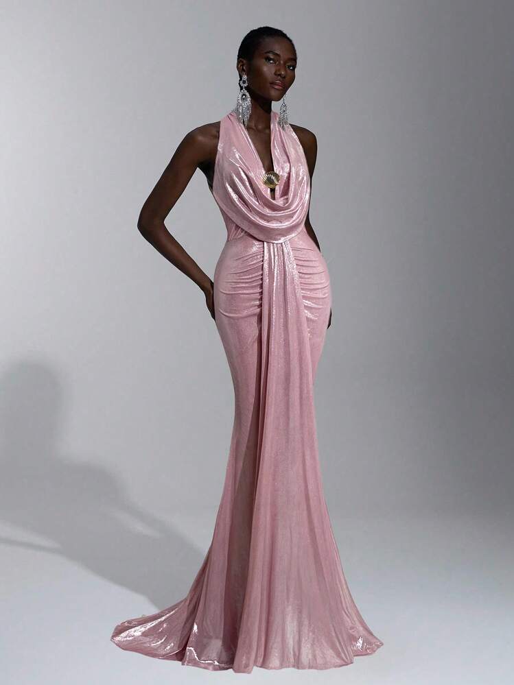 Elitara 优雅、浪漫、性感、极简、有弹性、露肩、露背、紧身、低胸、鱼尾下摆、拖尾、时尚、网红风格、节日、度假、生日派对、婚礼活动、伴娘礼服 - 淺粉色 - 查看 1